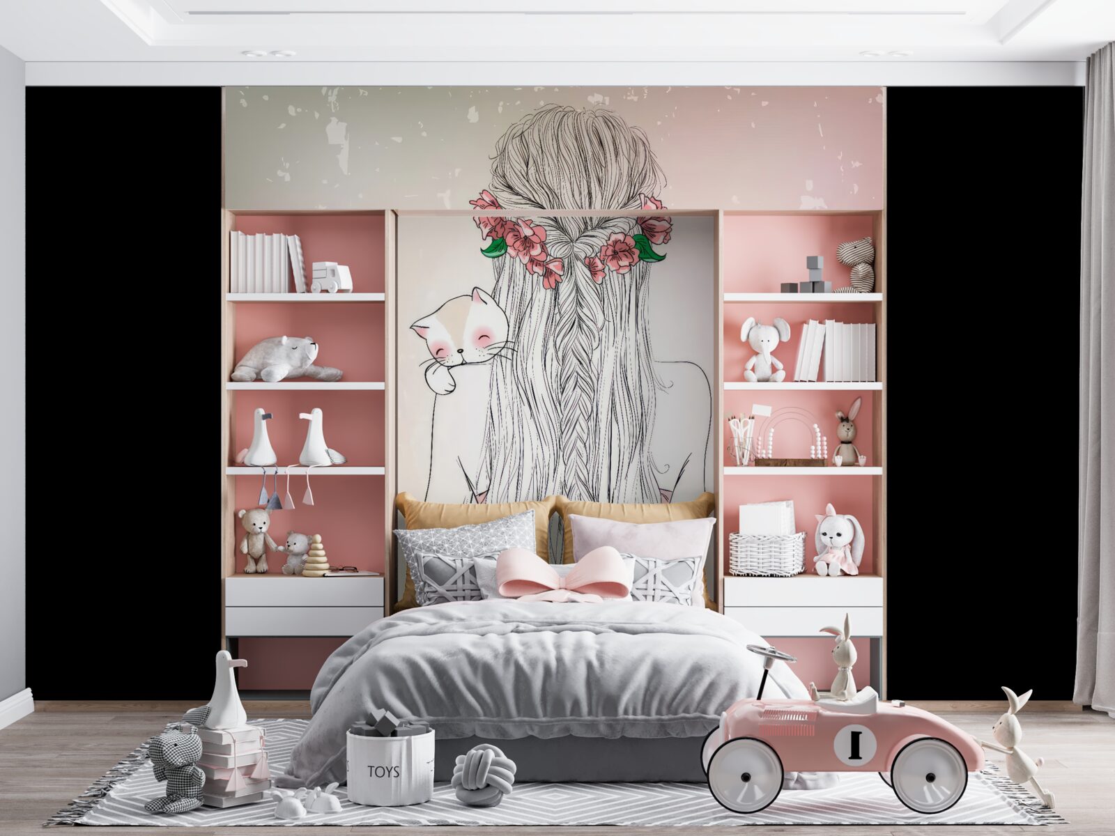 Fotobehang meisje staat achterover met een kat in haar handen