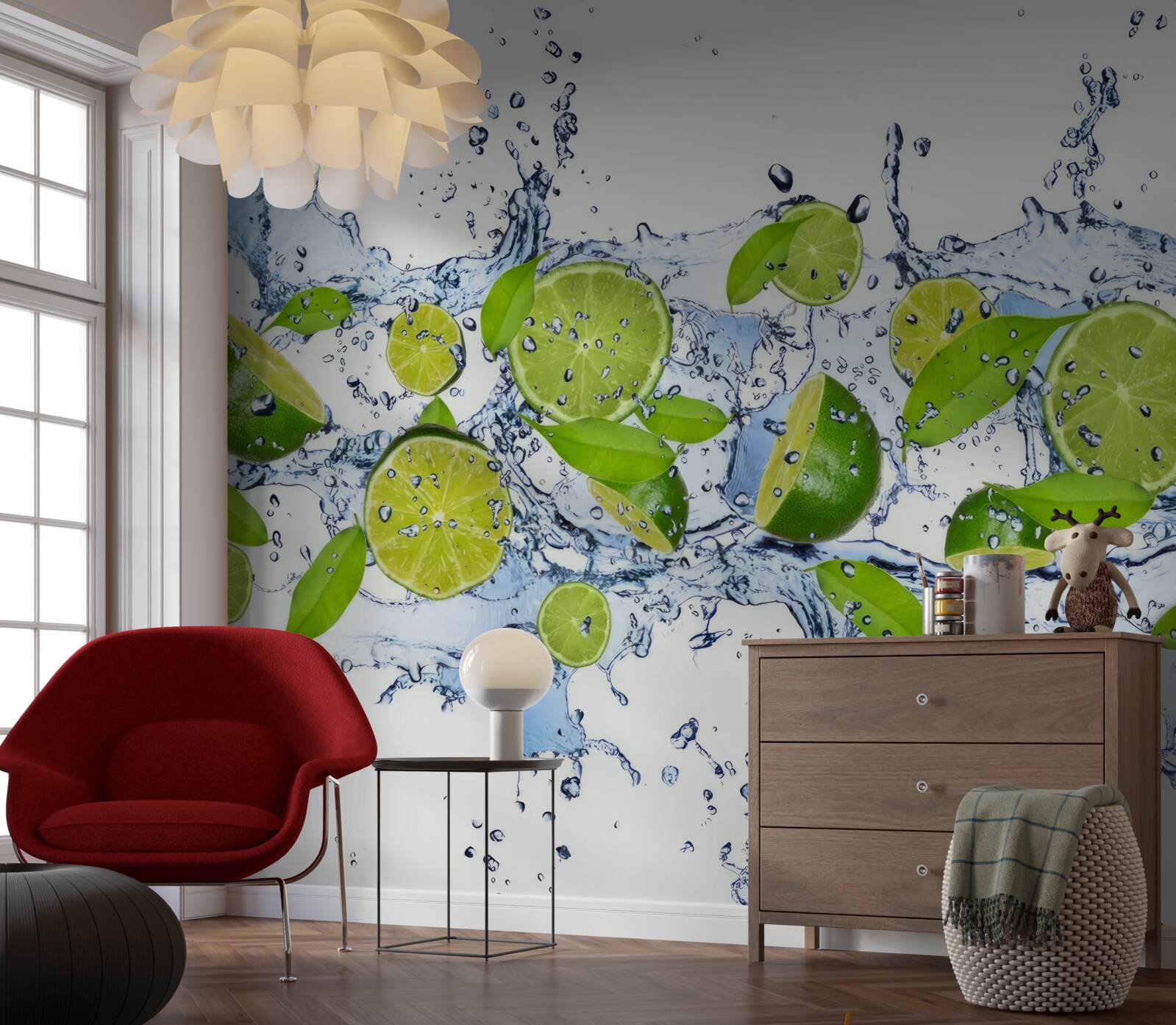 Fotobehang limoenen in plakjes gesneden en in water gelegd