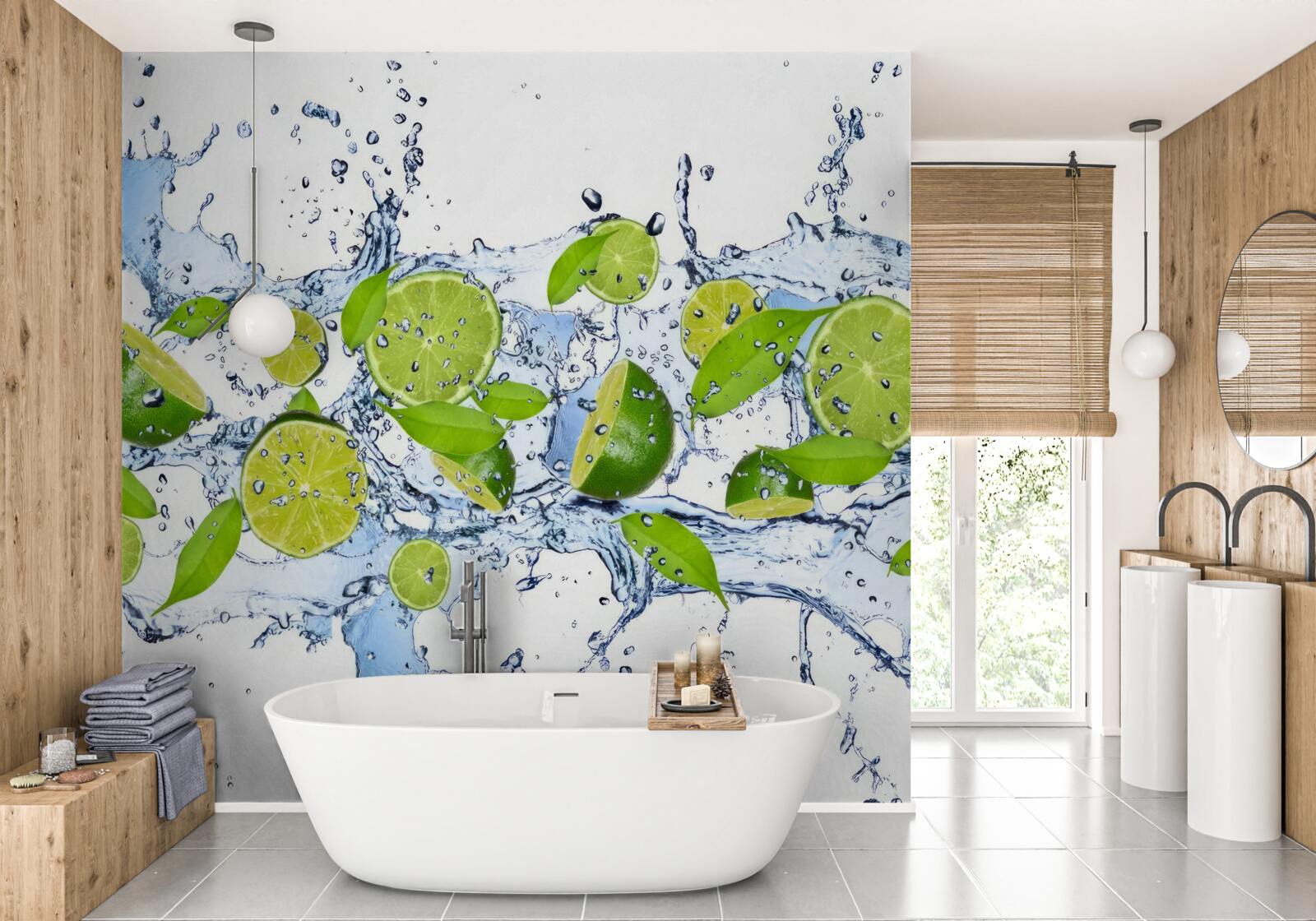 Fotobehang limoenen in plakjes gesneden en in water gelegd