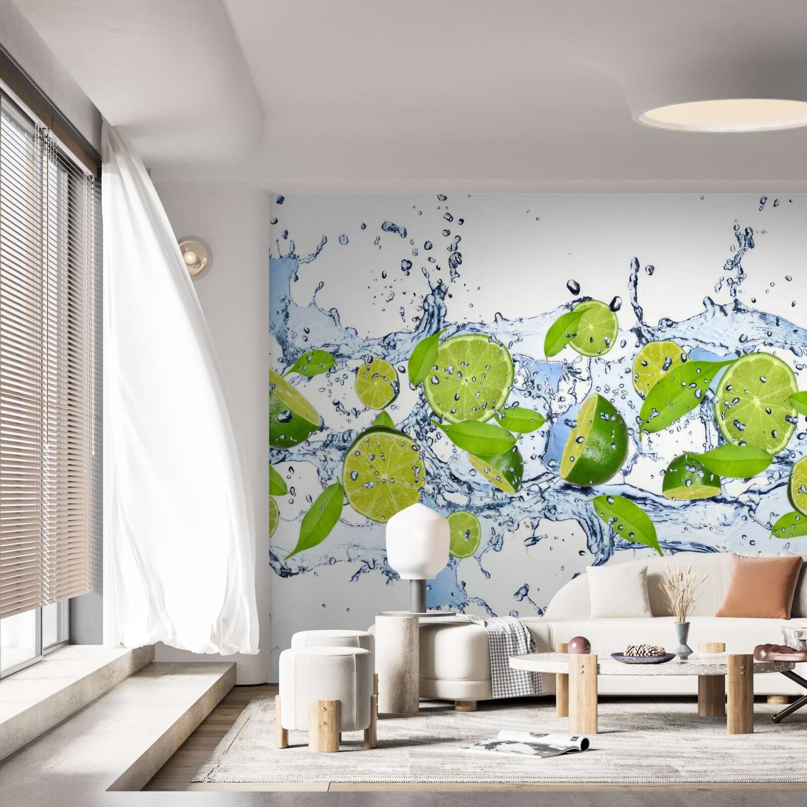 Fotobehang limoenen in plakjes gesneden en in water gelegd