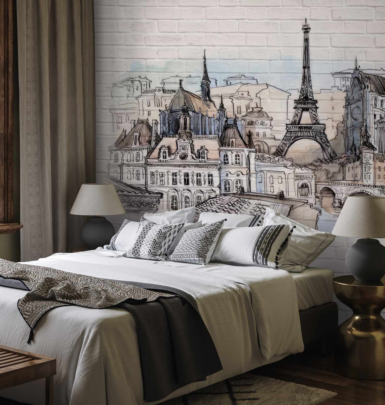 Fotobehang afbeelding van parijs op een bakstenen muur