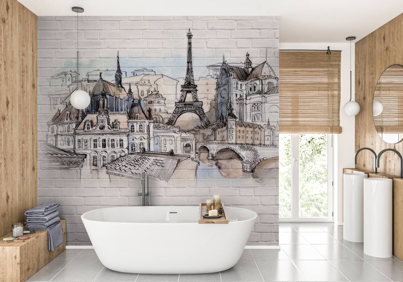 Fotobehang afbeelding van parijs op een bakstenen muur