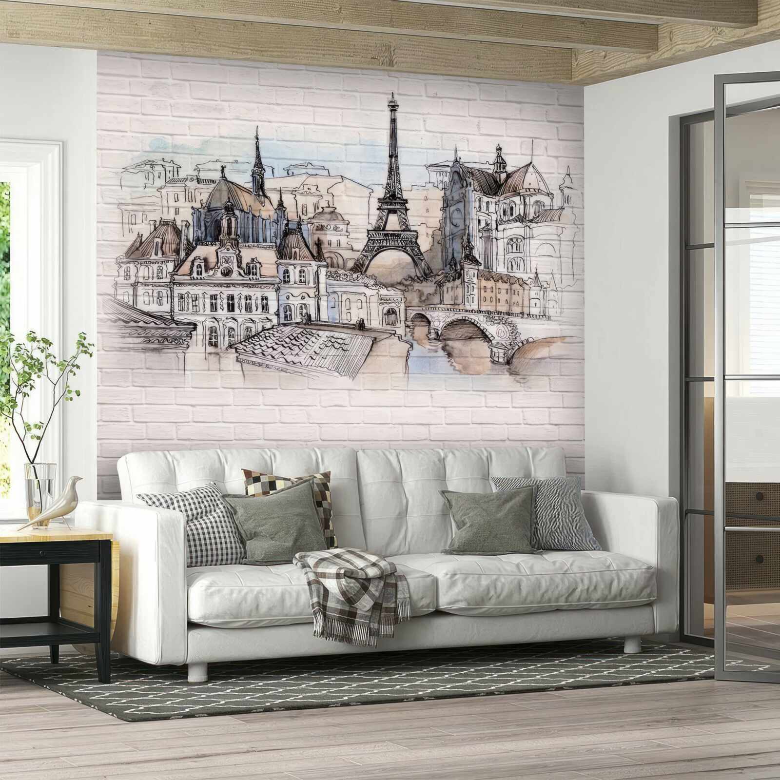 Fotobehang afbeelding van parijs op een bakstenen muur