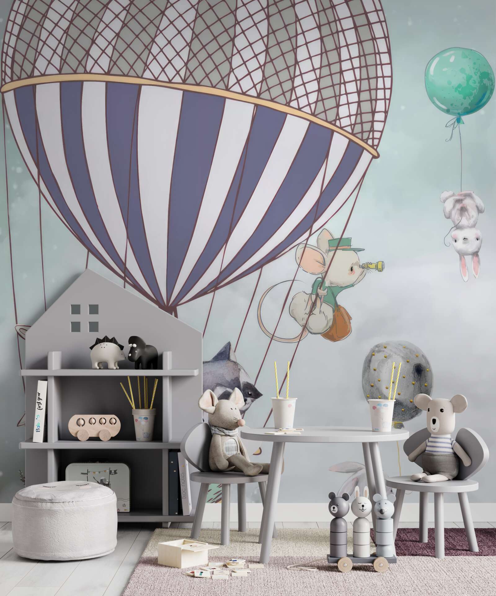 Fotobehang dieren reizen in een heteluchtballon met ballonnen die naast hen zweven