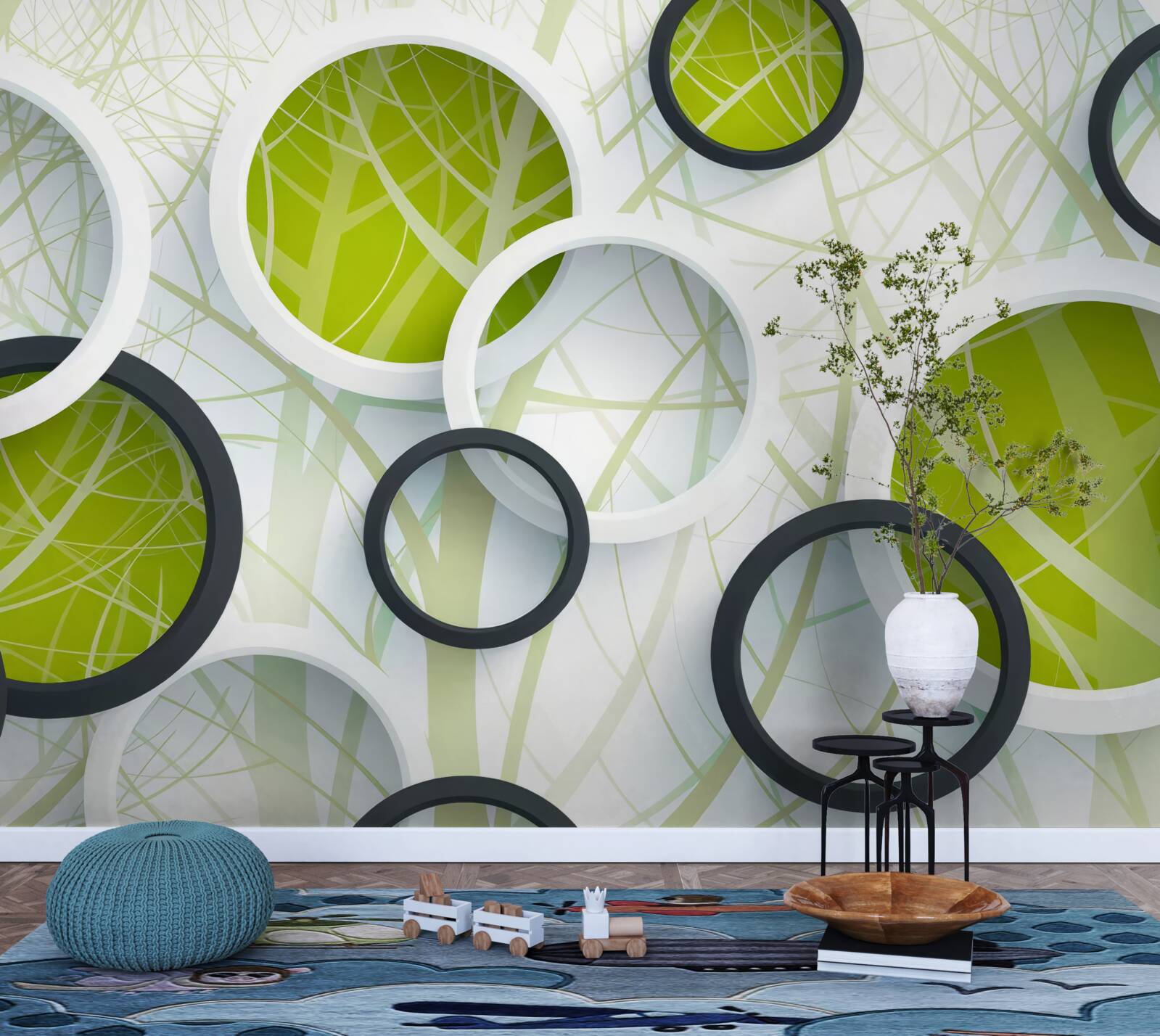 Fotobehang achtergrond bestaande uit grote zwarte en witte cirkels