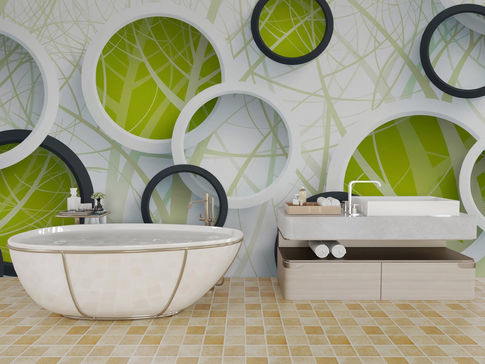 Fotobehang achtergrond bestaande uit grote zwarte en witte cirkels