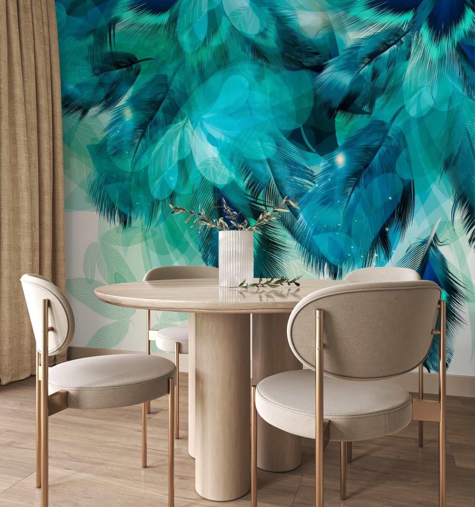 Fotobehang pauwenveren met een turquoise tint