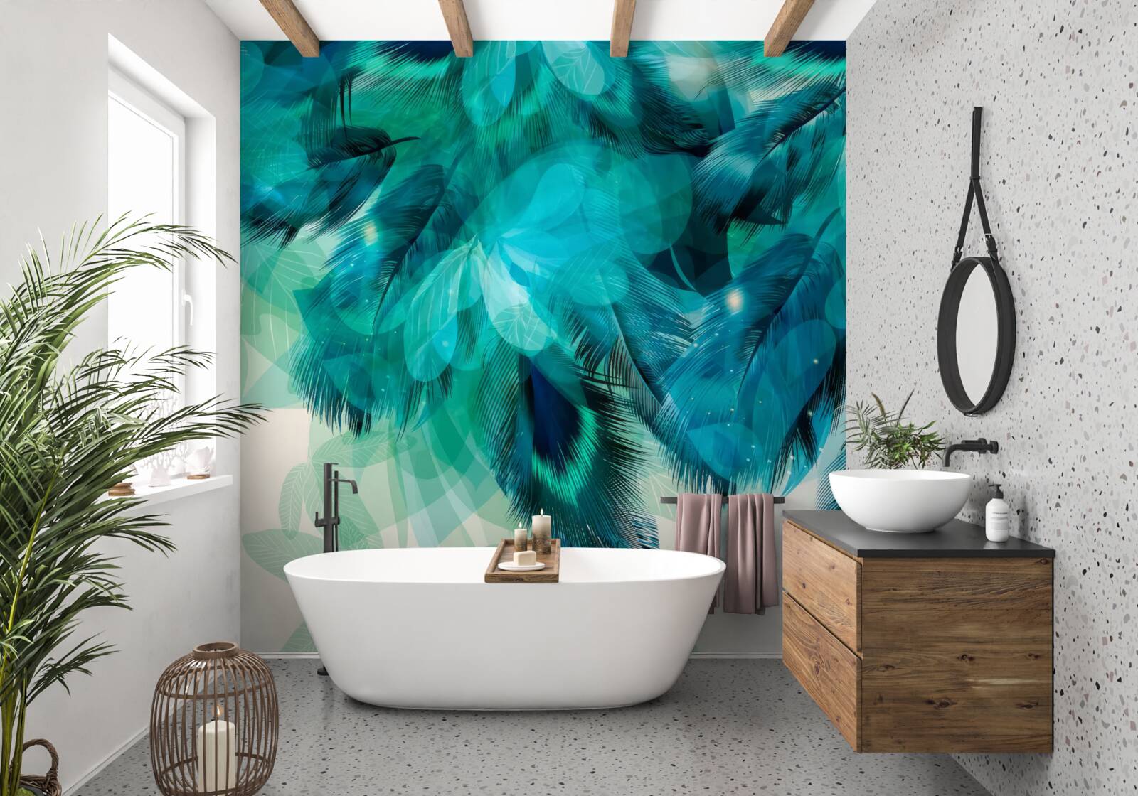 Fotobehang pauwenveren met een turquoise tint