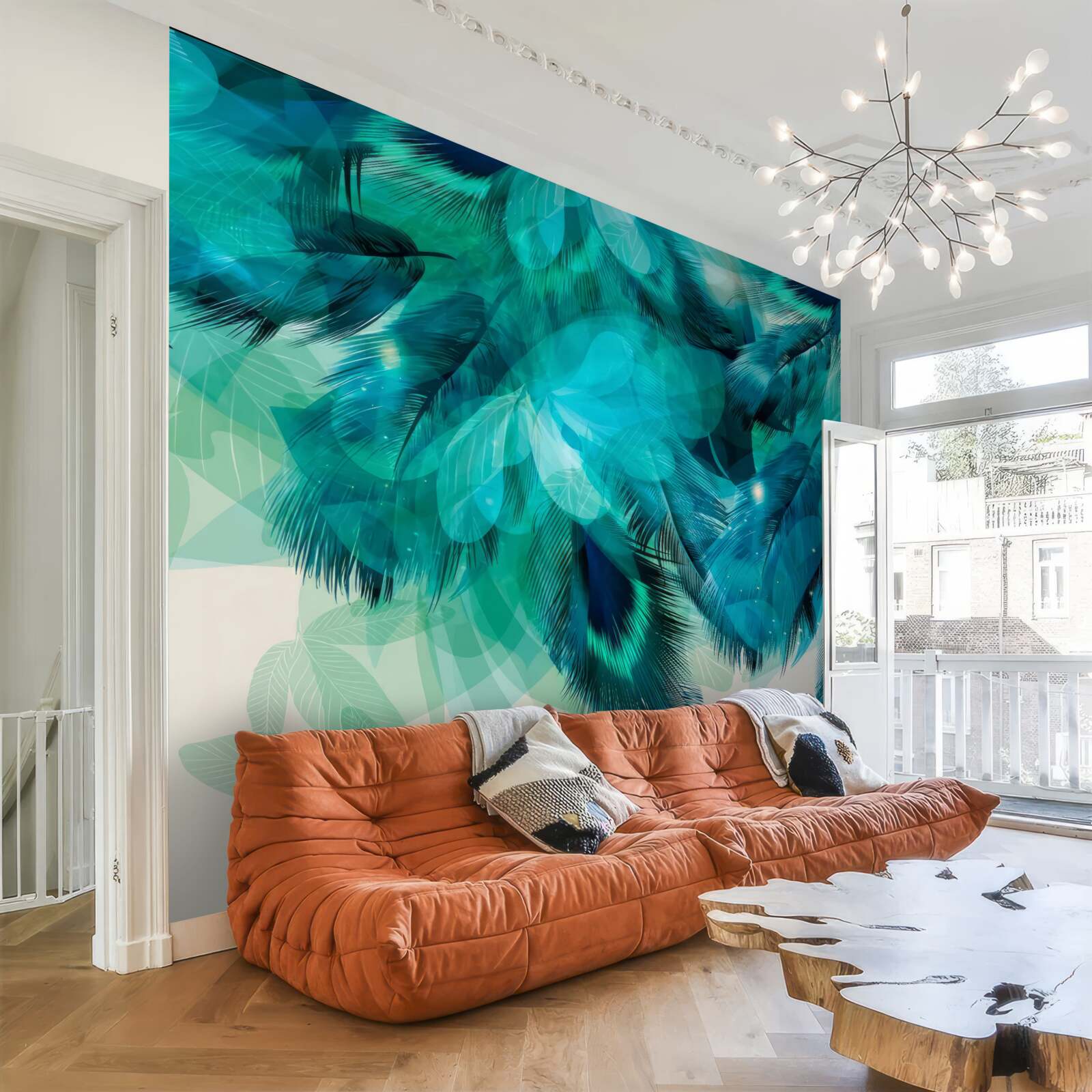 Fotobehang pauwenveren met een turquoise tint