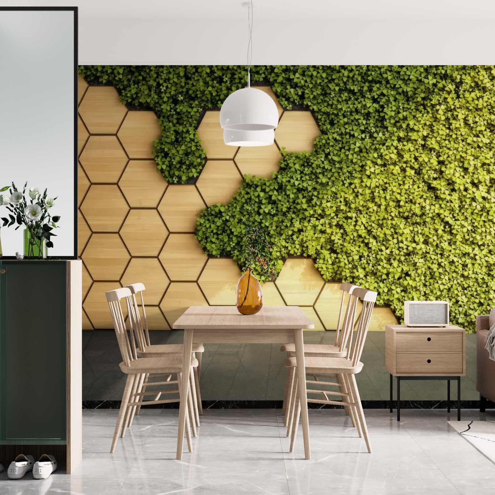 Fotobehang groene klimop rond een bruine muur