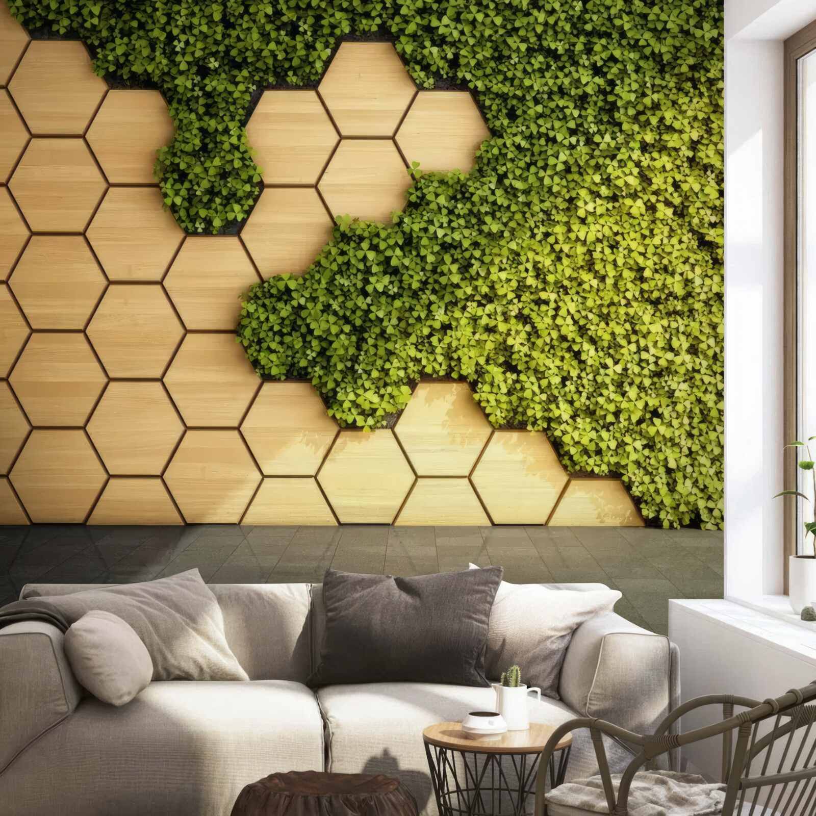 Fotobehang groene klimop rond een bruine muur