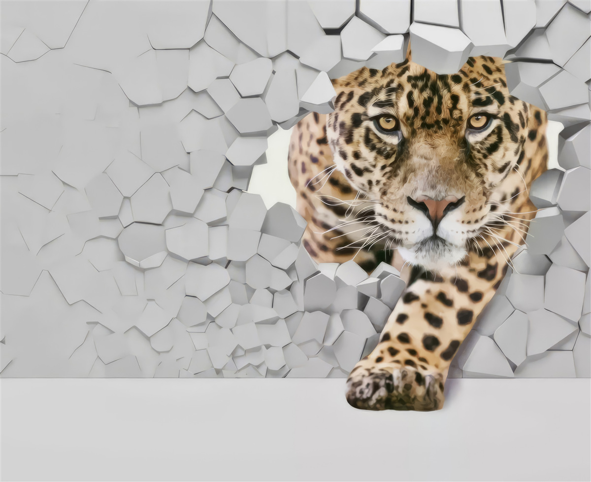 Fotobehang een luipaard komt tevoorschijn uit een witte muur