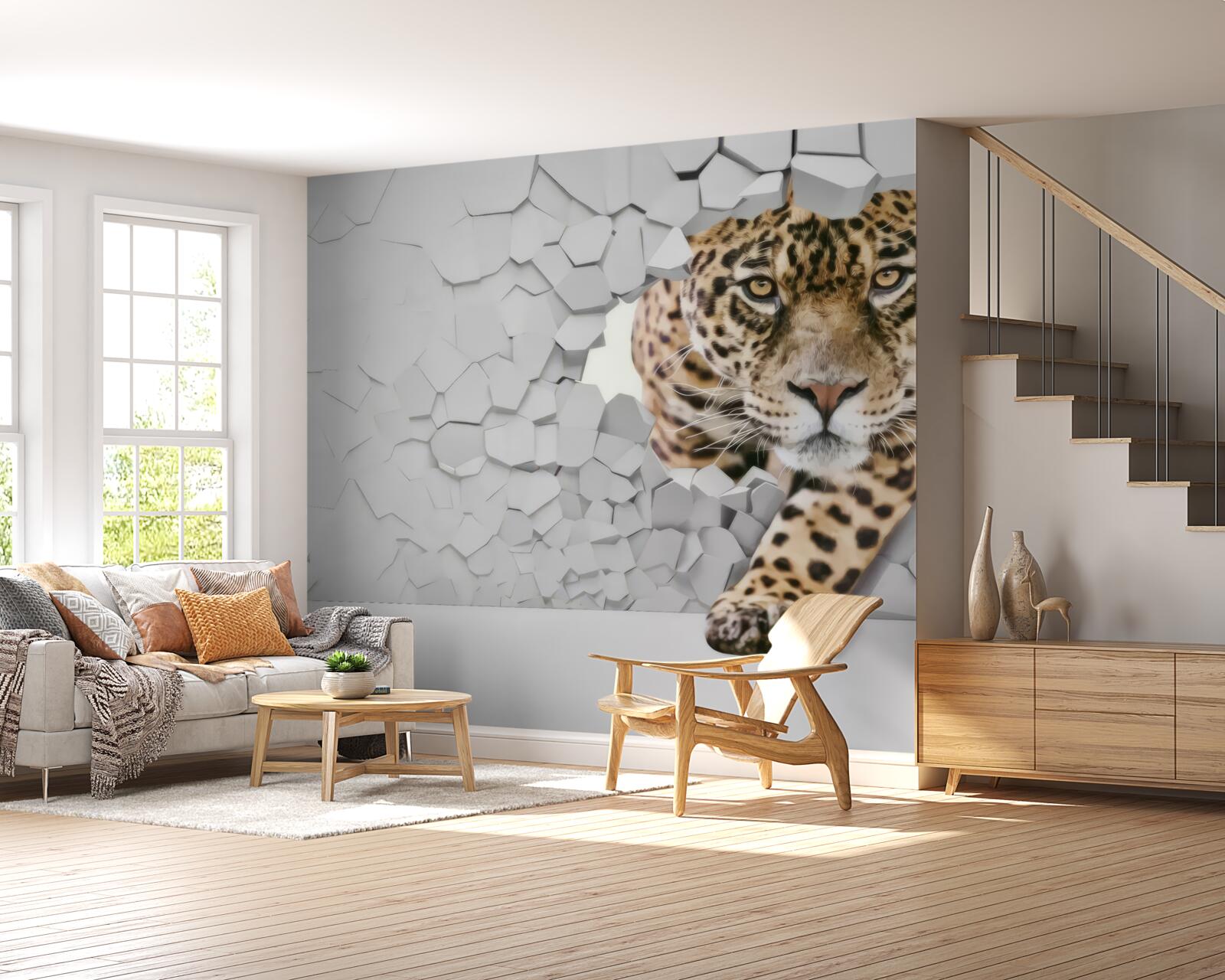 Fotobehang een luipaard komt tevoorschijn uit een witte muur