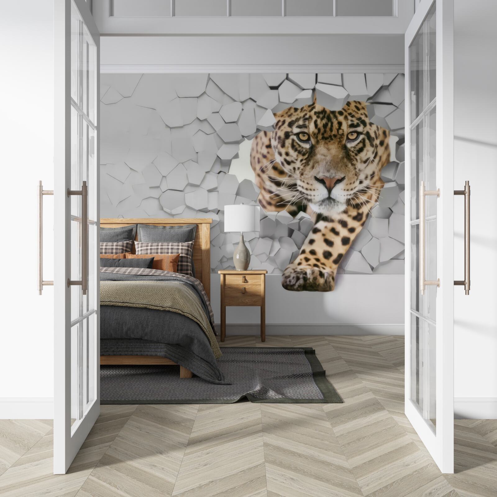 Fotobehang een luipaard komt tevoorschijn uit een witte muur