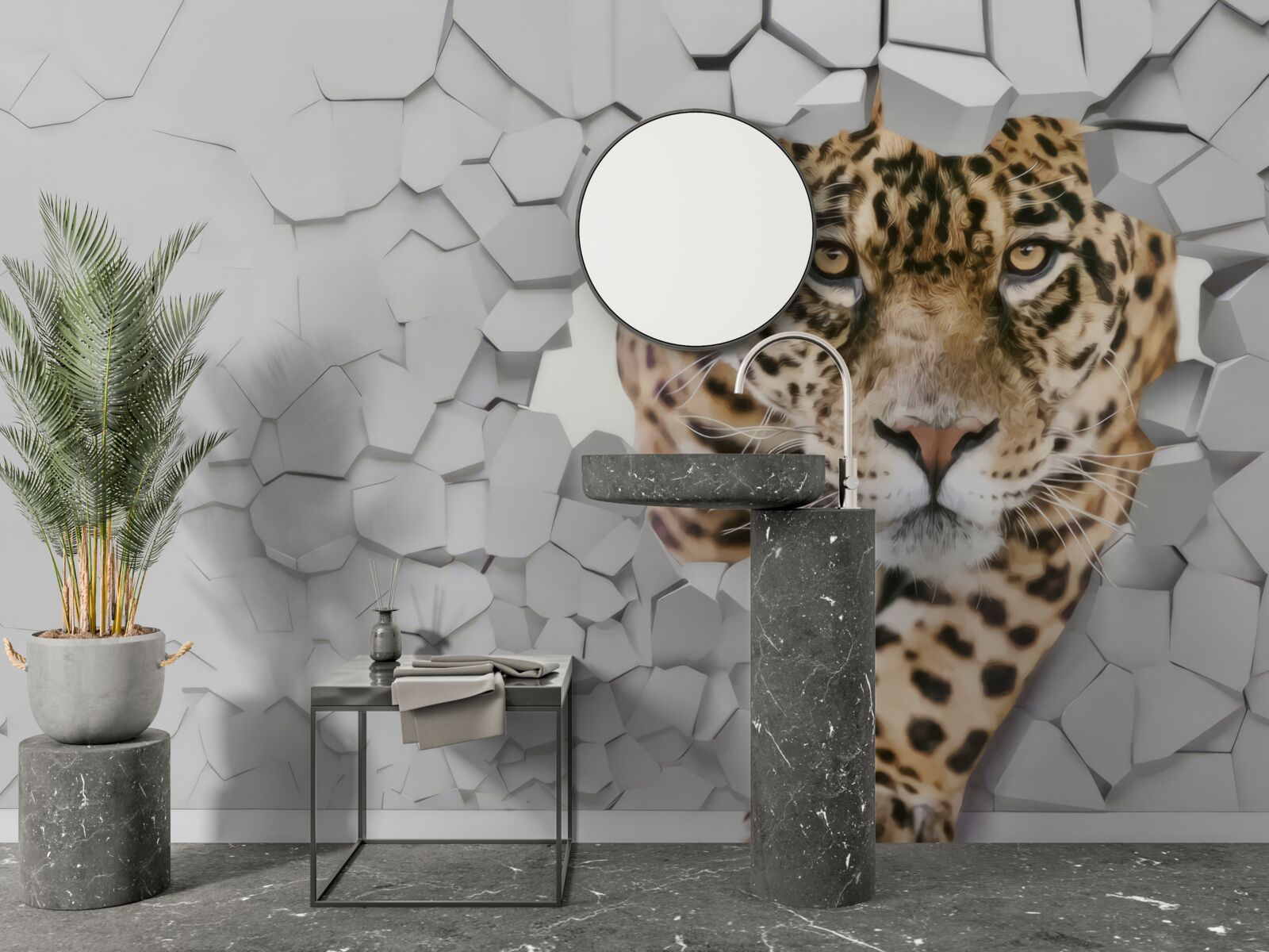 Fotobehang een luipaard komt tevoorschijn uit een witte muur