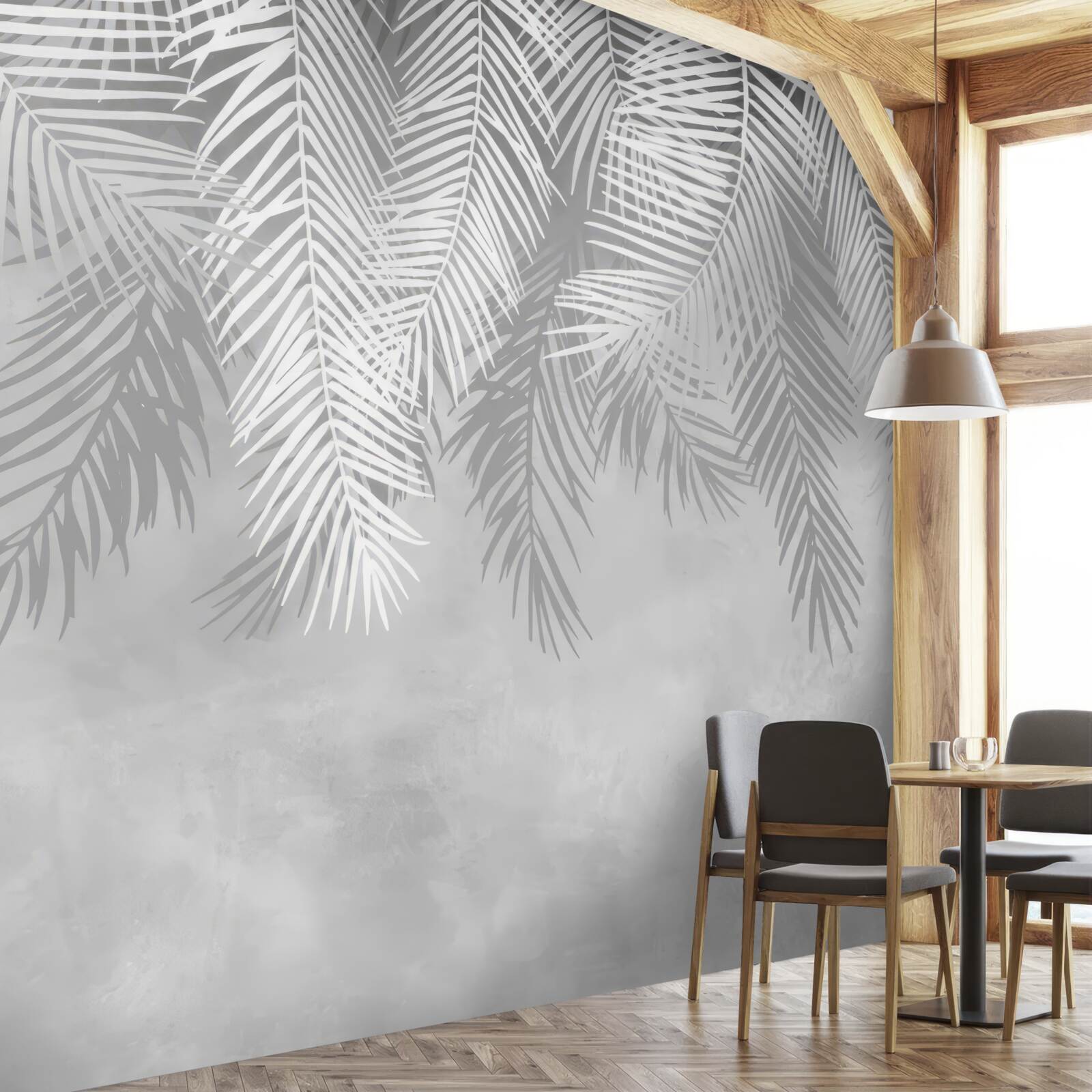 Fotobehang grote witte varenbladeren die naar beneden hangen