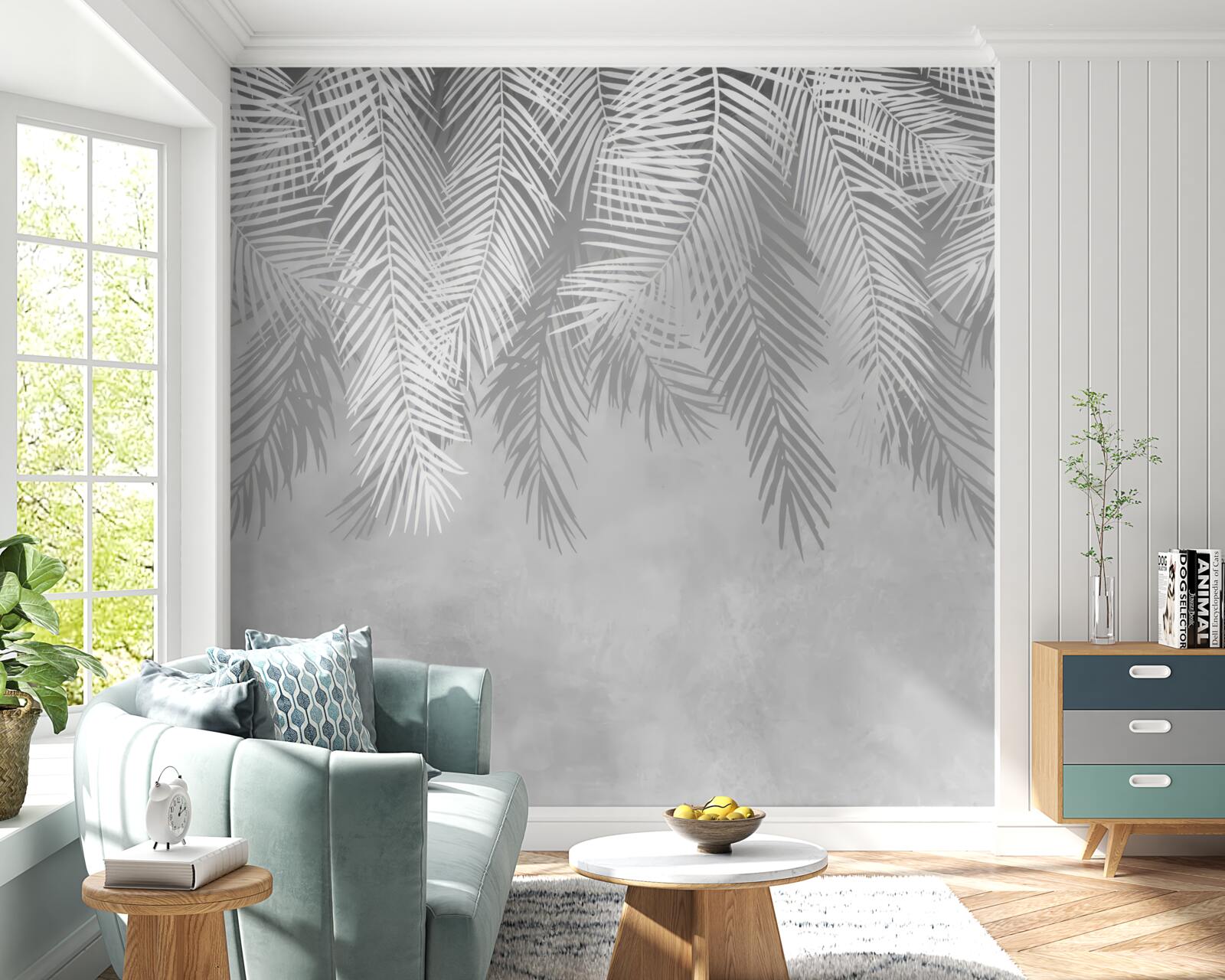 Fotobehang grote witte varenbladeren die naar beneden hangen