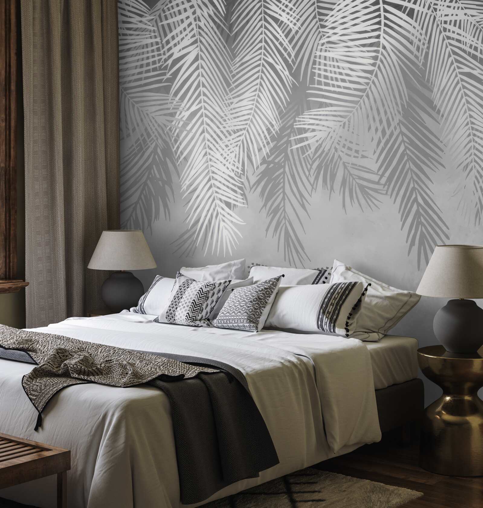 Fotobehang grote witte varenbladeren die naar beneden hangen