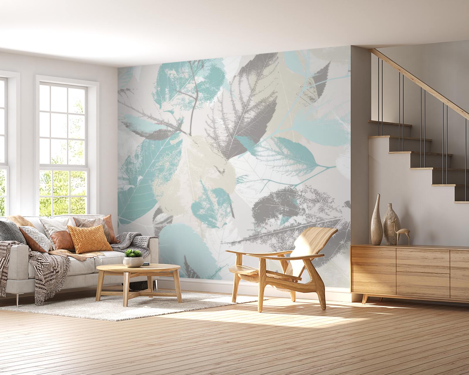 Fotobehang bladeren geschilderd in een lichte tint