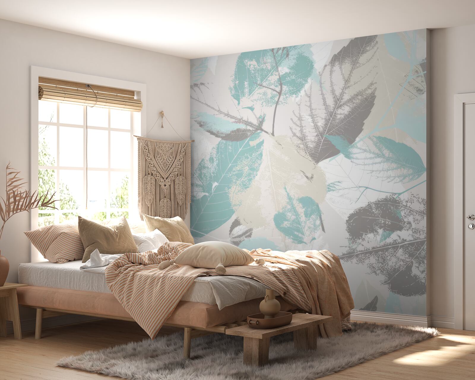 Fotobehang bladeren geschilderd in een lichte tint