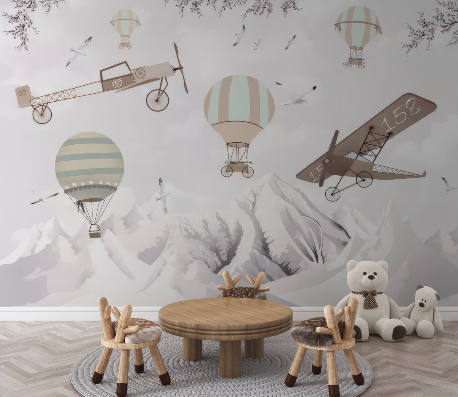 Fotobehang verschillende vliegtuigen vliegen over de bergen