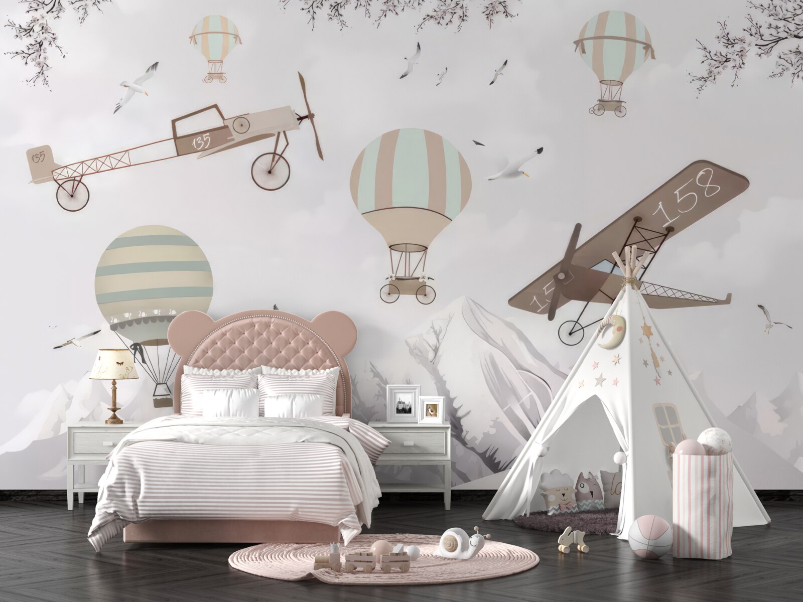 Fotobehang verschillende vliegtuigen vliegen over de bergen