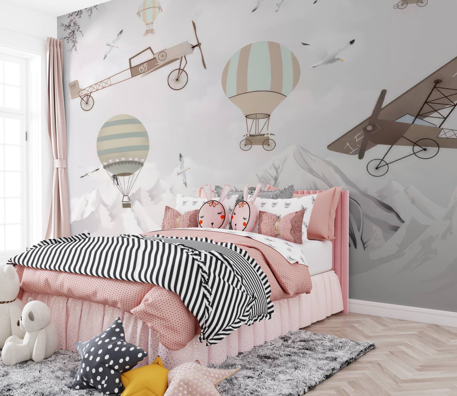 Fotobehang verschillende vliegtuigen vliegen over de bergen