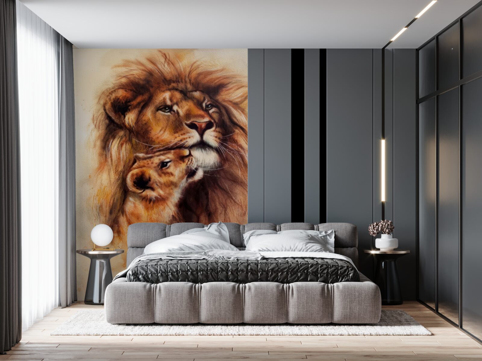 Fotobehang een volwassen leeuw en zijn welpen