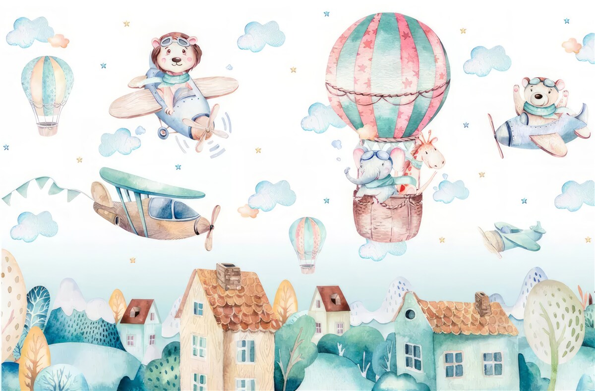 Fotobehang dieren vliegen over huizen met voertuigen