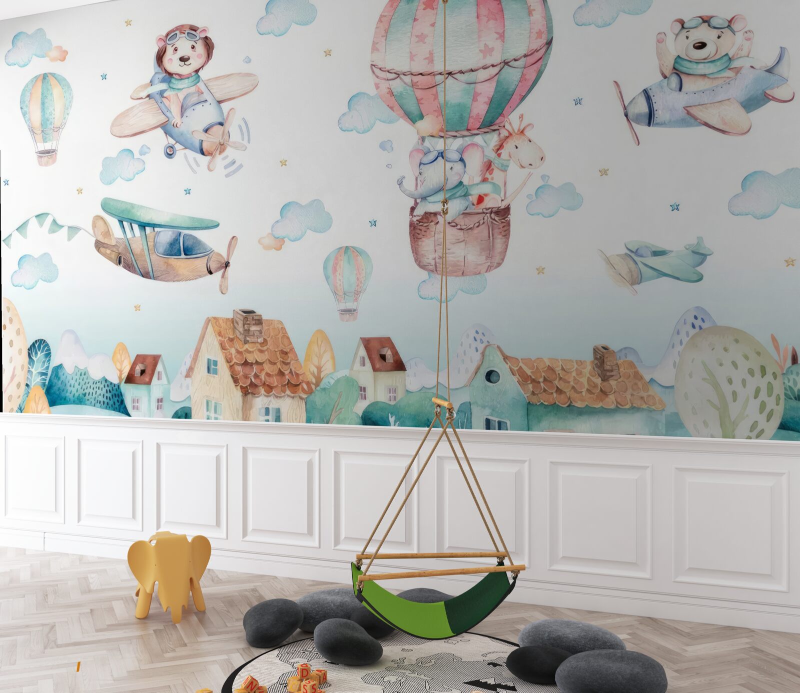 Fotobehang dieren vliegen over huizen met voertuigen