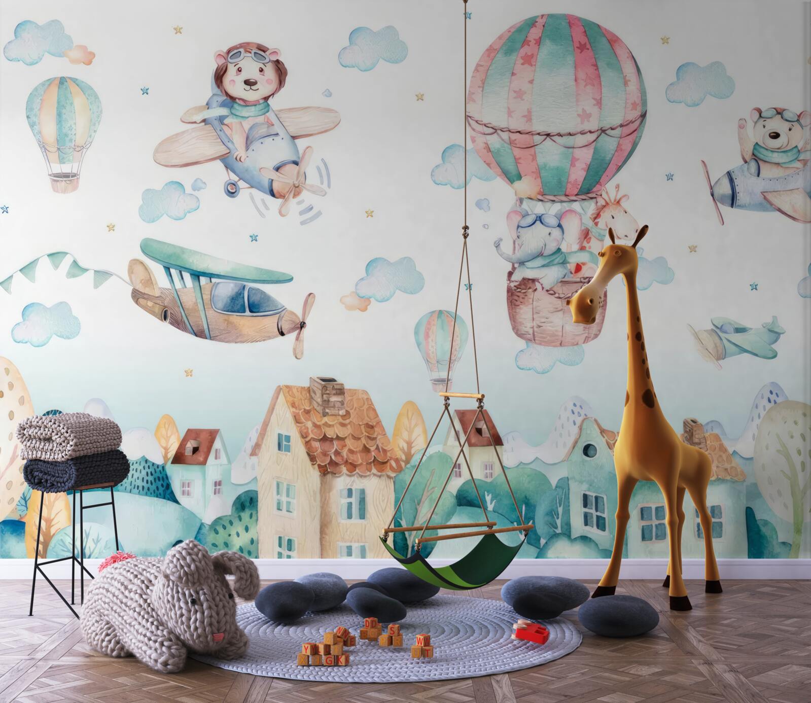 Fotobehang dieren vliegen over huizen met voertuigen