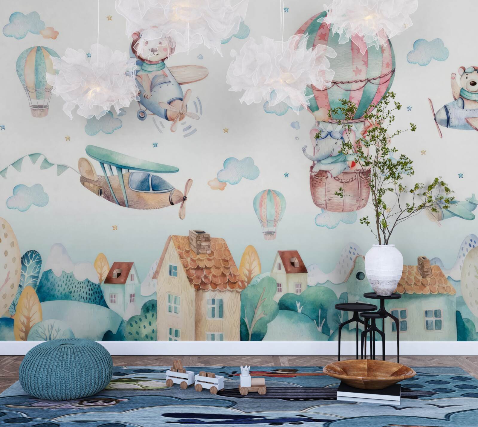 Fotobehang dieren vliegen over huizen met voertuigen