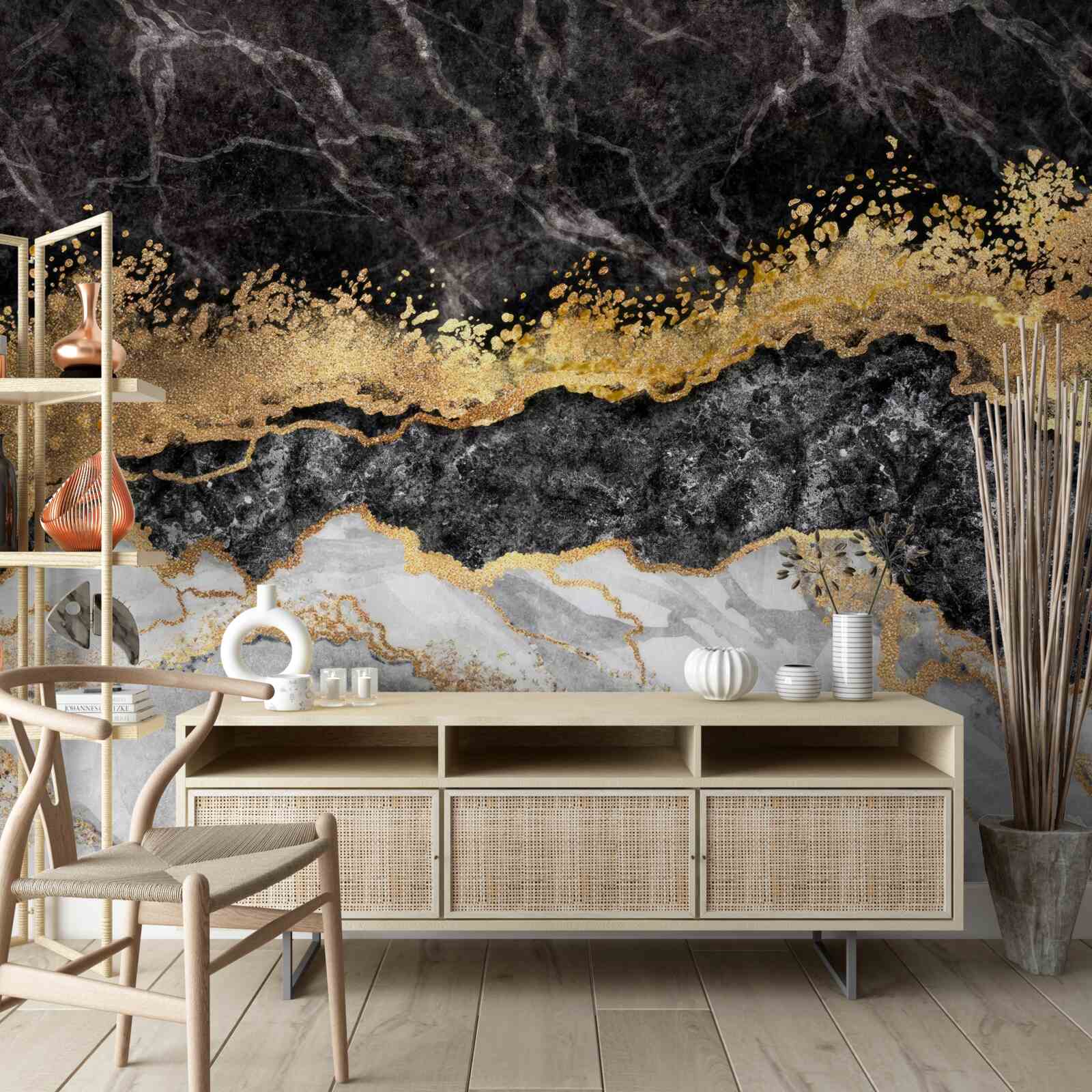 Fotobehang marmer in zwart-, wit- en goudtinten