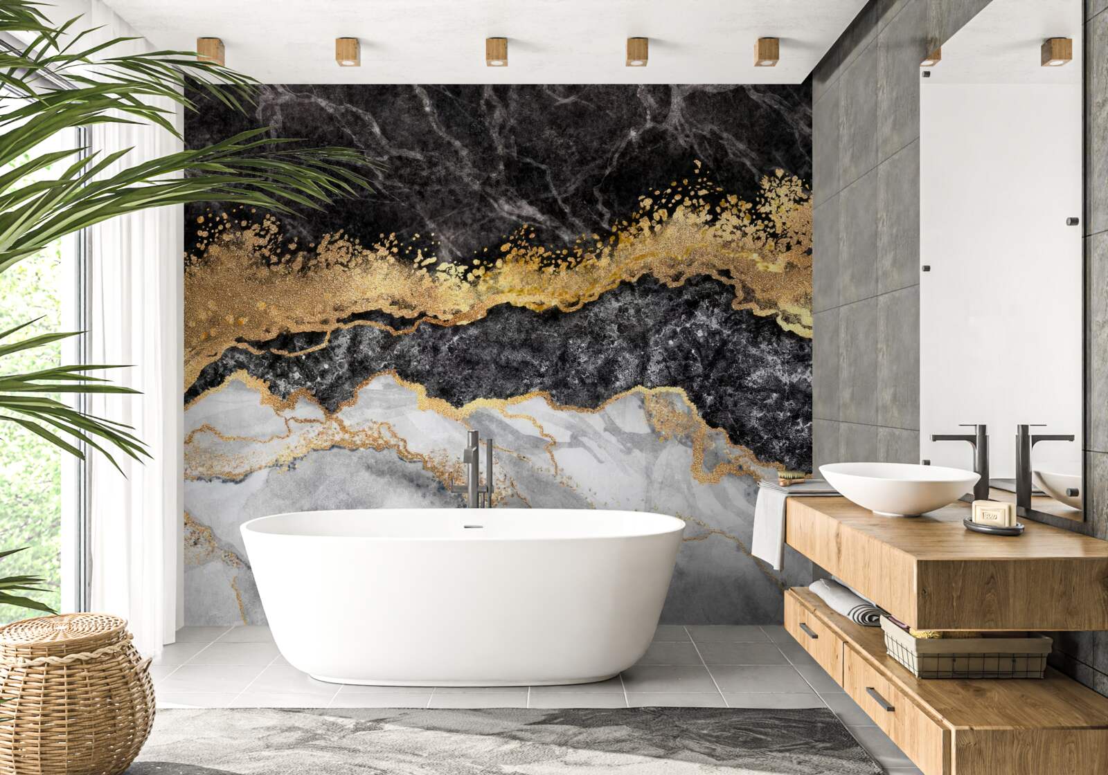 Fotobehang marmer in zwart-, wit- en goudtinten