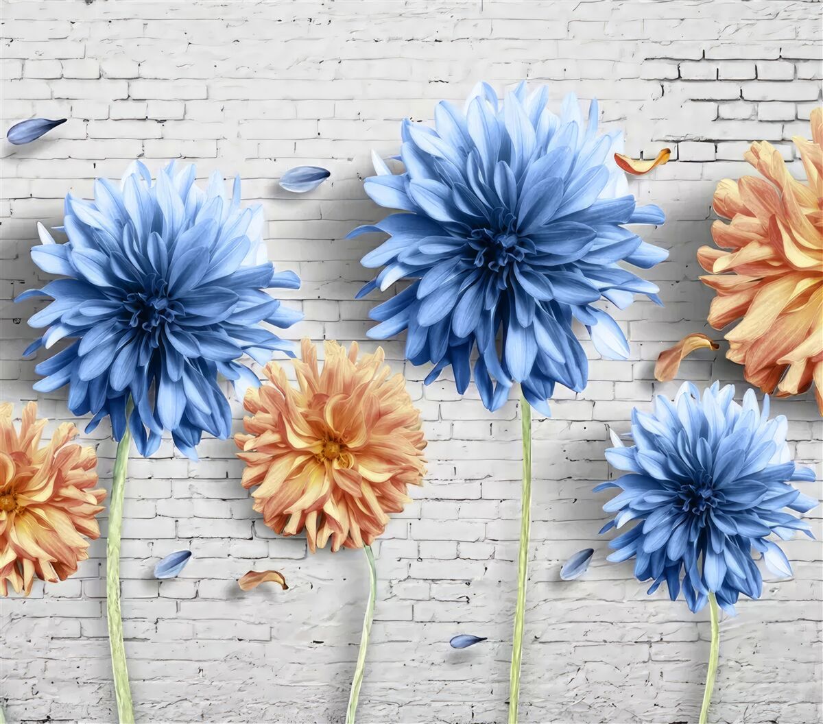 Fotobehang Bloemen in bruin- en blauwtinten op een bakstenen achtergrond