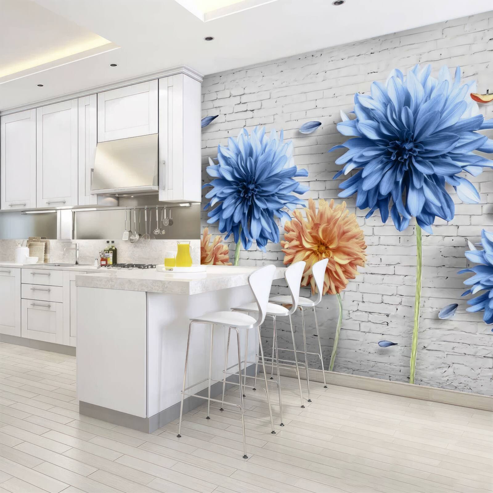 Fotobehang Bloemen in bruin- en blauwtinten op een bakstenen achtergrond