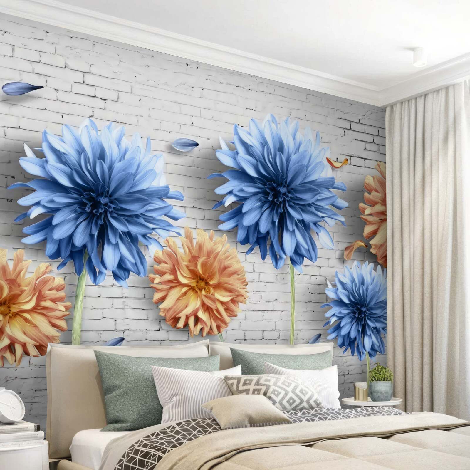 Fotobehang Bloemen in bruin- en blauwtinten op een bakstenen achtergrond
