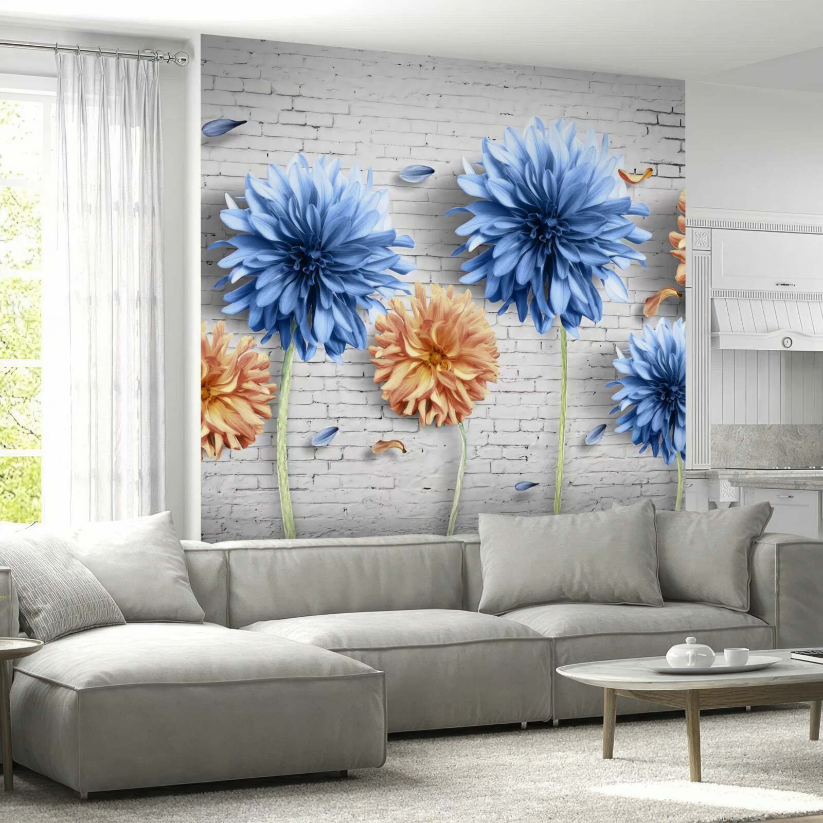 Fotobehang Bloemen in bruin- en blauwtinten op een bakstenen achtergrond