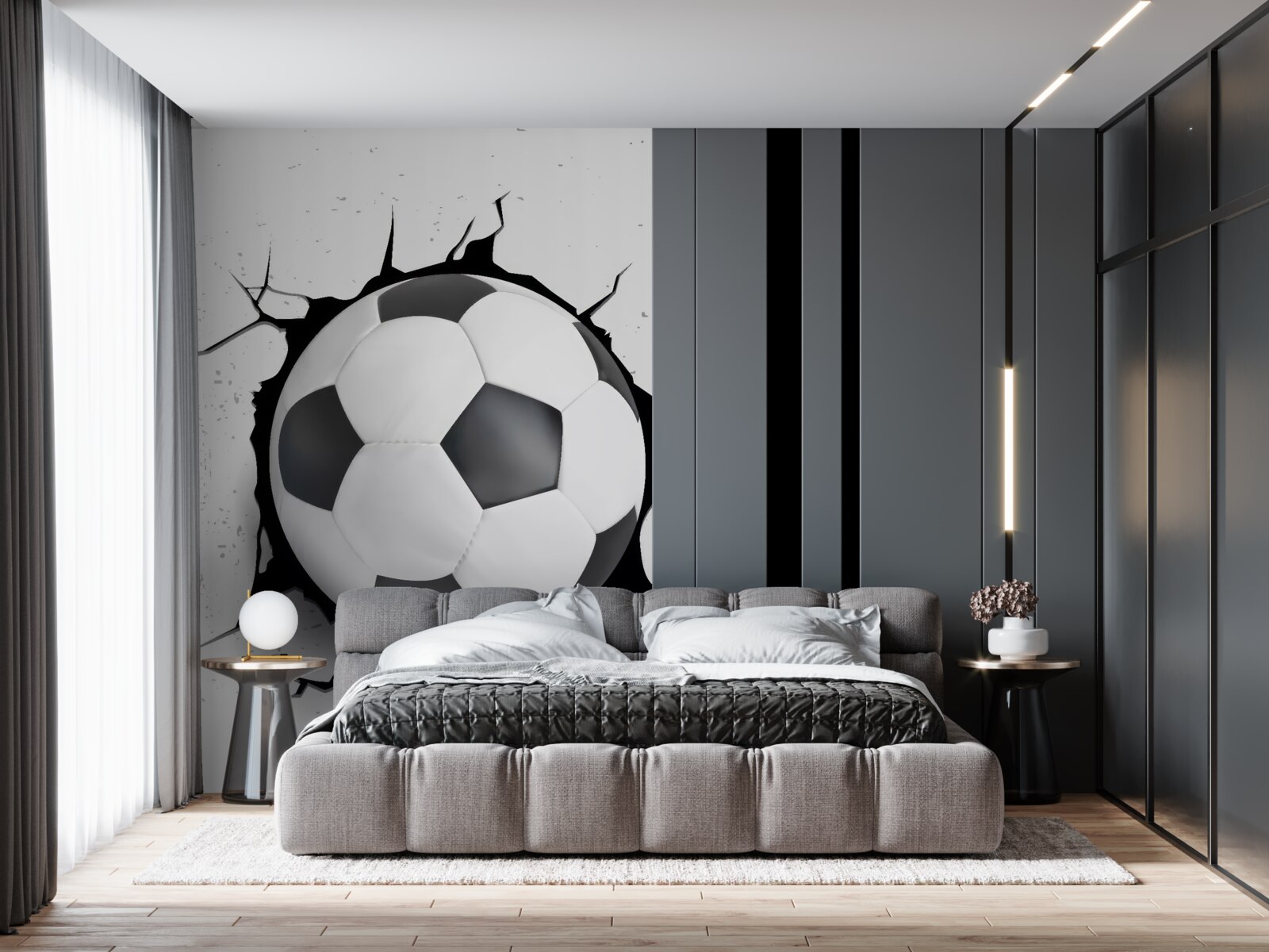 Fotobehang een voetbal steekt uit de muur