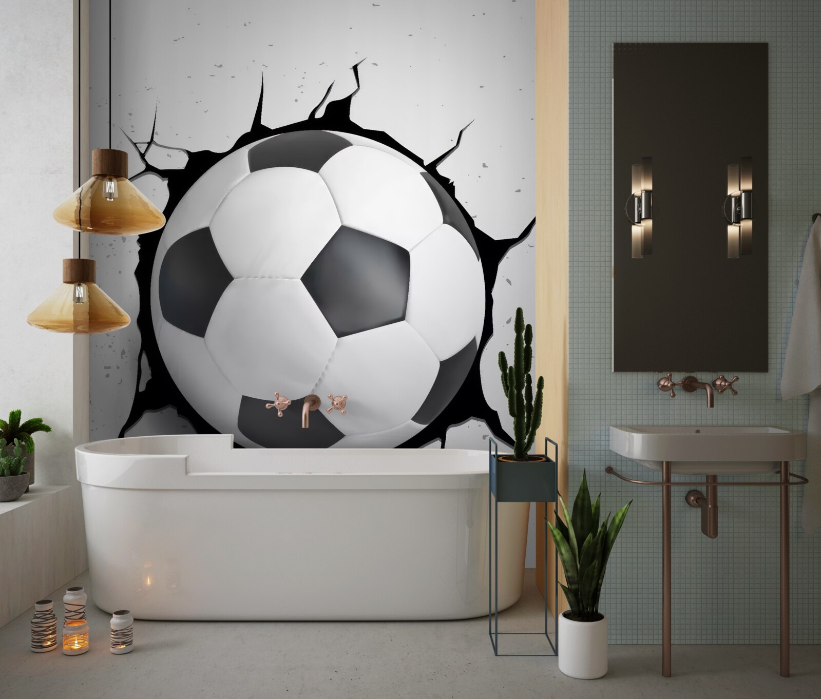 Fotobehang een voetbal steekt uit de muur