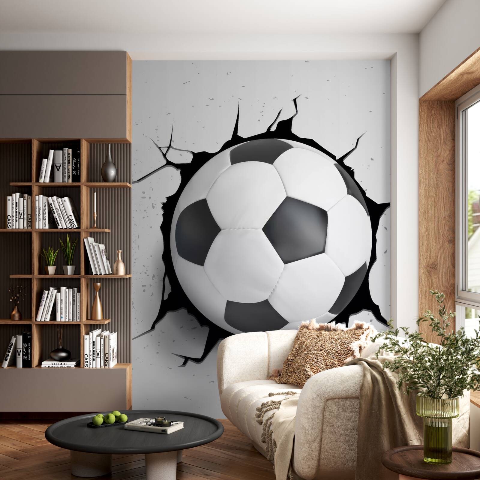 Fotobehang een voetbal steekt uit de muur