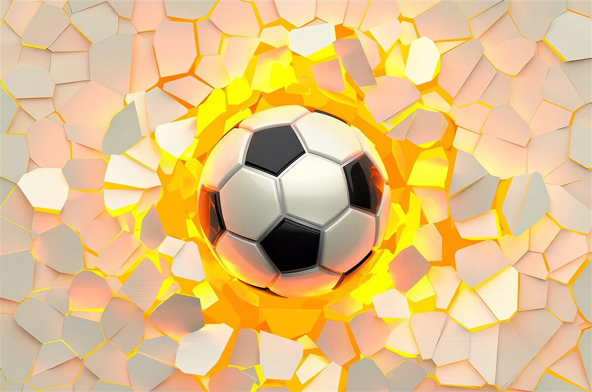 Fotobehang de bal breekt door de muur en straalt een gouden gloed uit