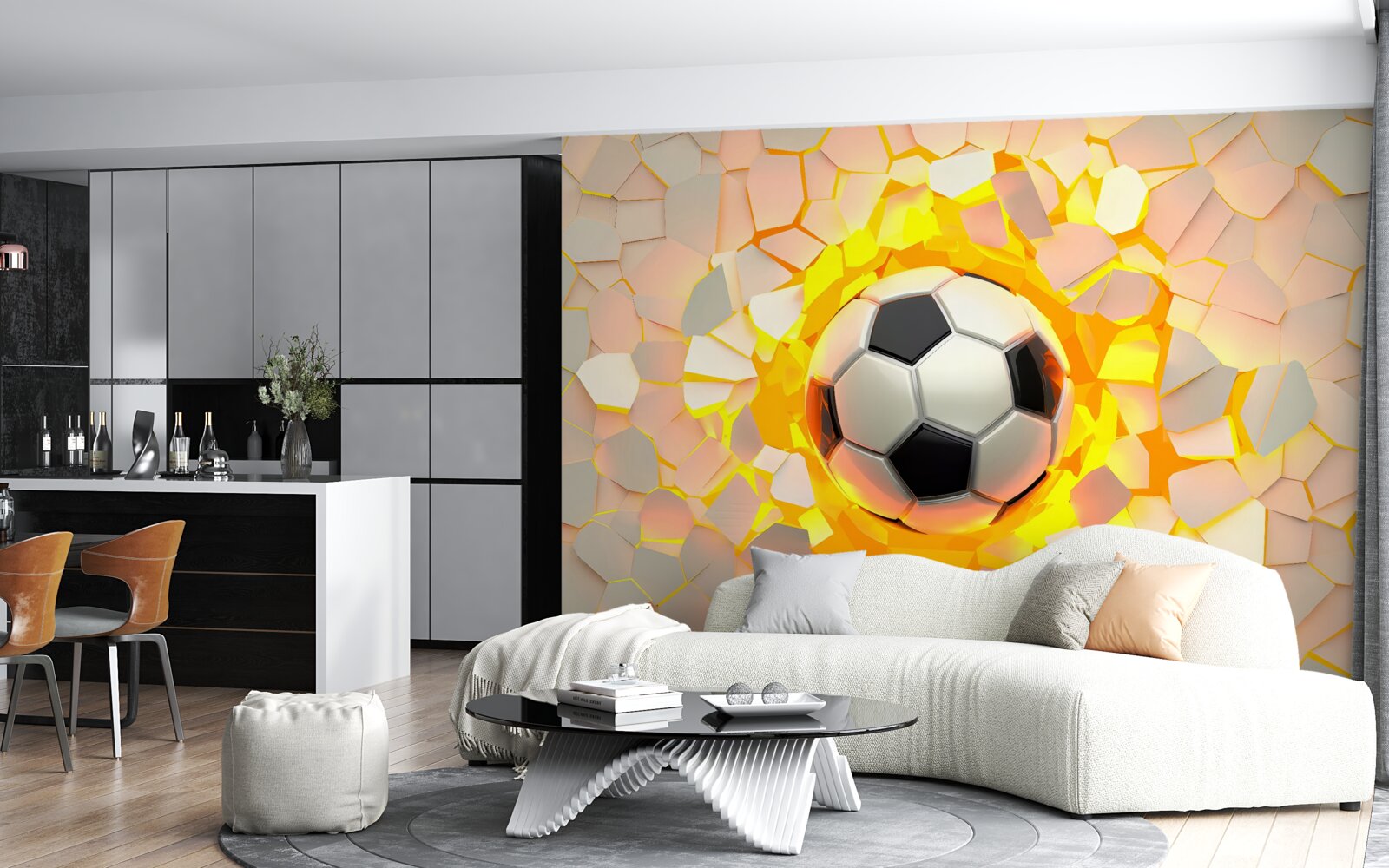 Fotobehang de bal breekt door de muur en straalt een gouden gloed uit