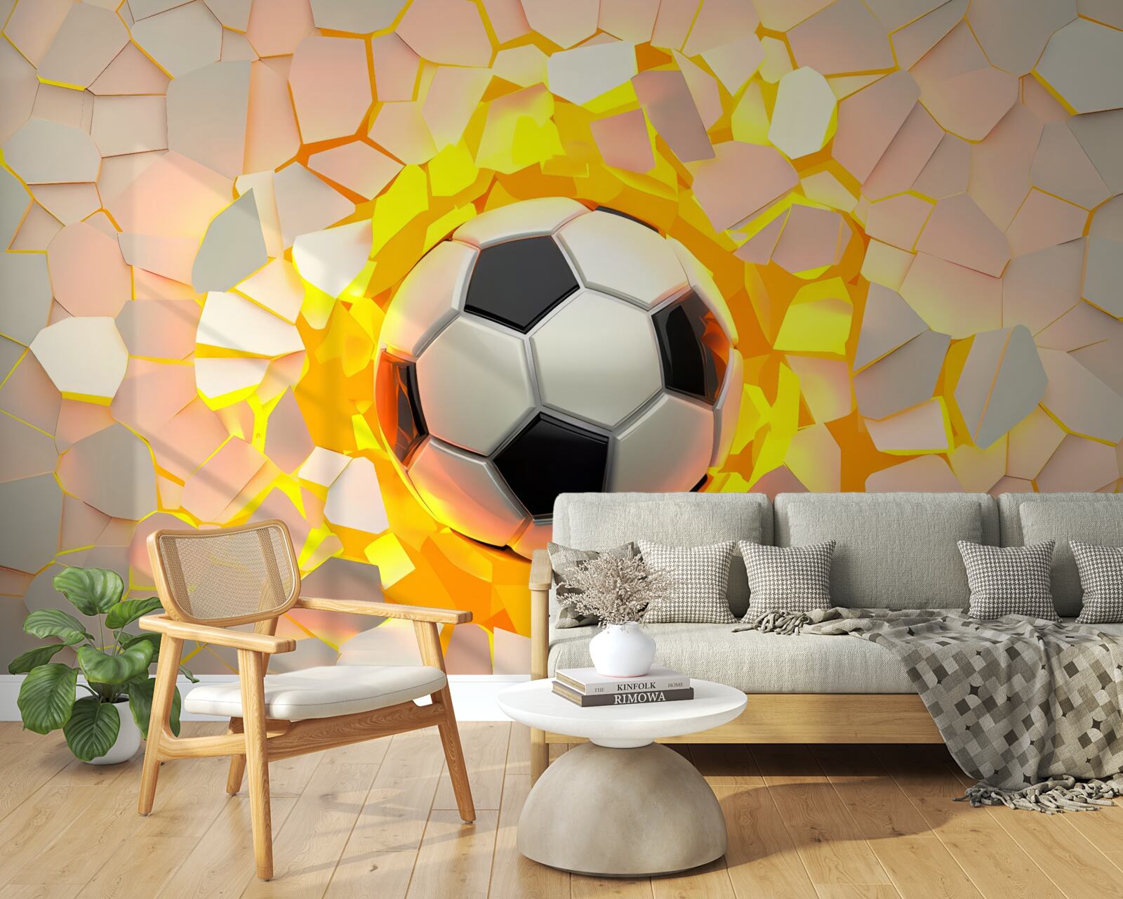 Fotobehang de bal breekt door de muur en straalt een gouden gloed uit