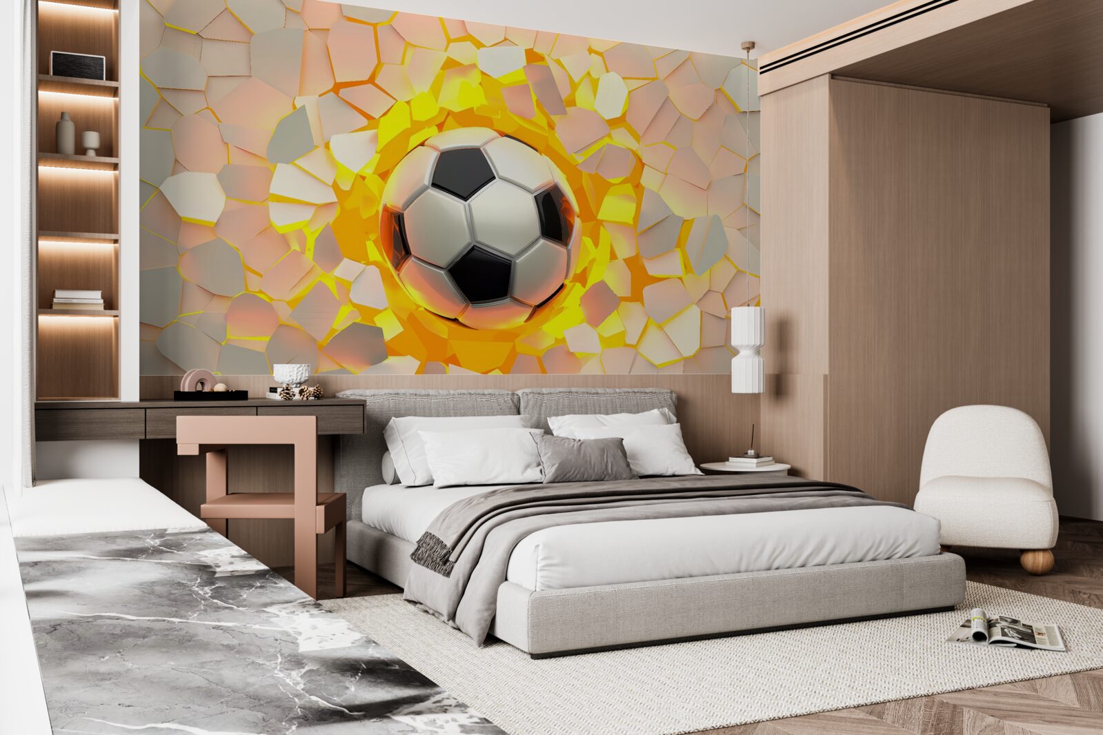 Fotobehang de bal breekt door de muur en straalt een gouden gloed uit