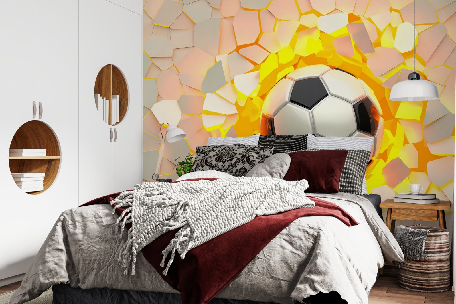 Fotobehang de bal breekt door de muur en straalt een gouden gloed uit