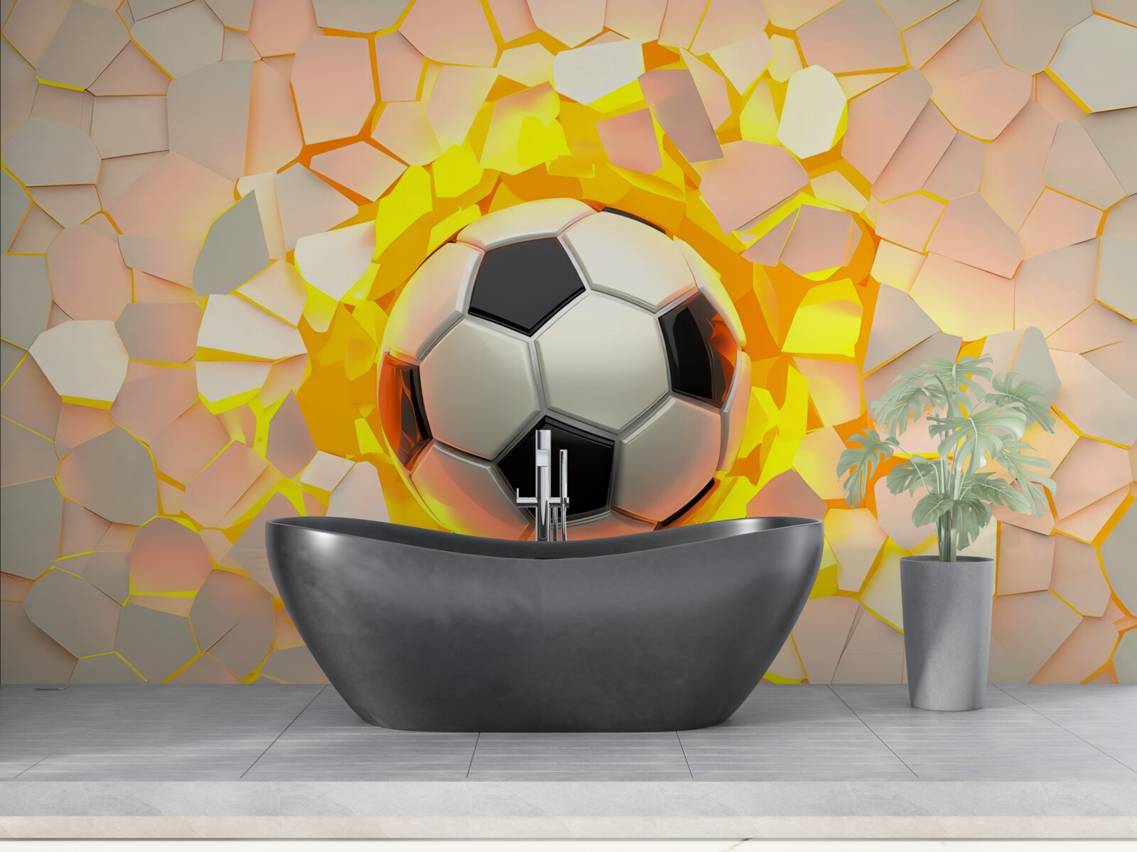 Fotobehang de bal breekt door de muur en straalt een gouden gloed uit