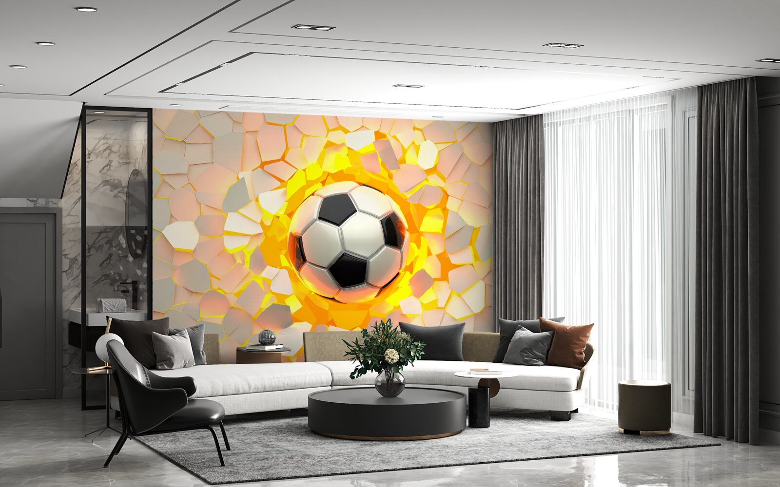 Fotobehang de bal breekt door de muur en straalt een gouden gloed uit