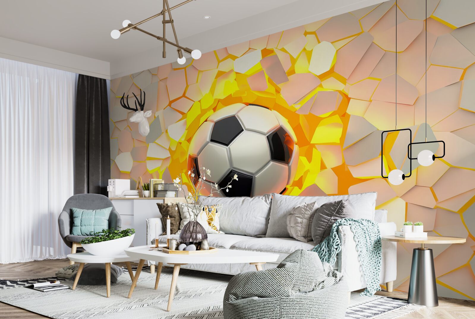 Fotobehang de bal breekt door de muur en straalt een gouden gloed uit