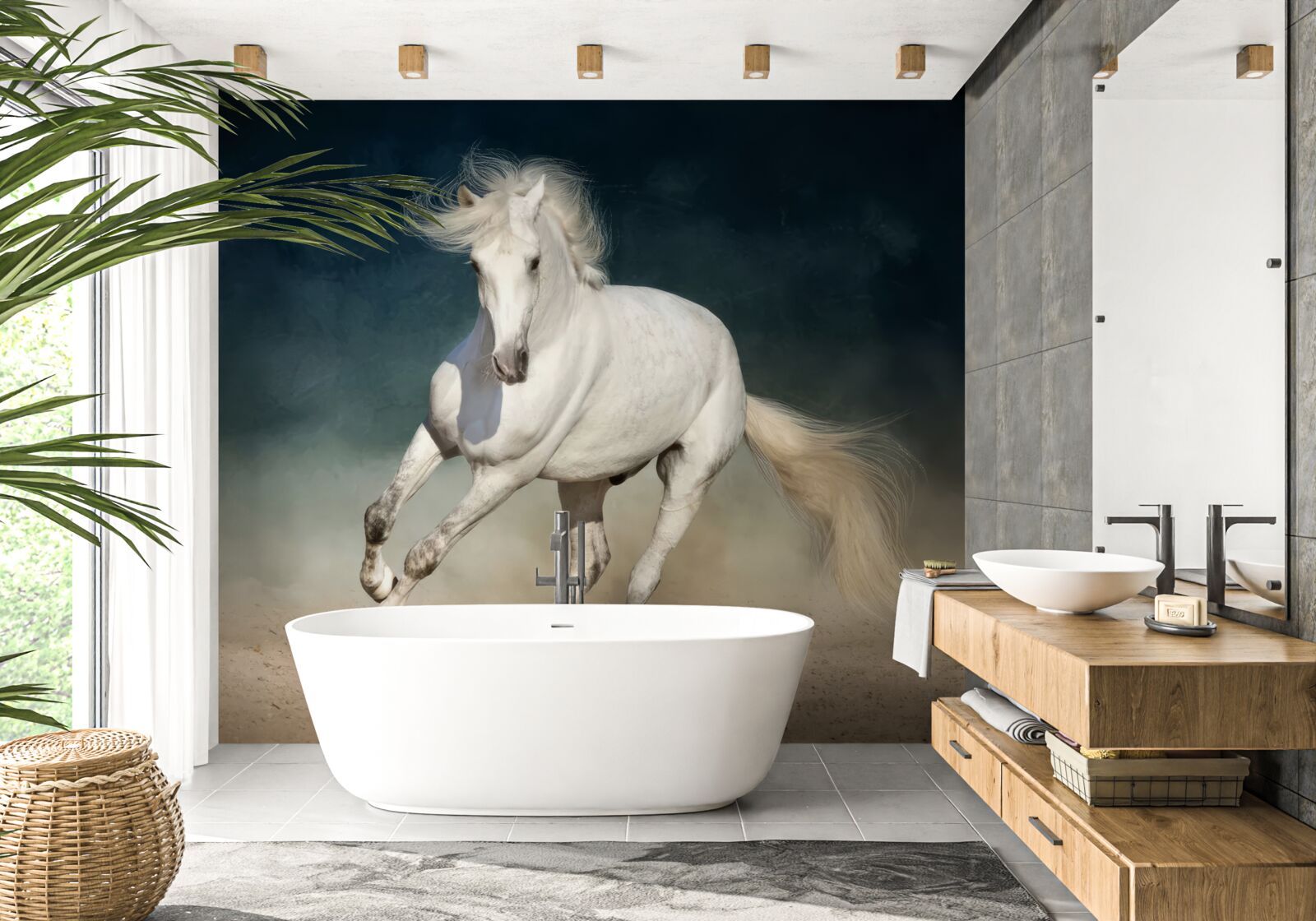 Fotobehang witte paardenren